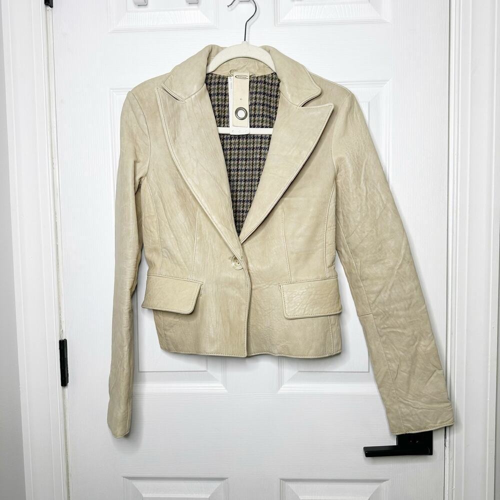 Compagnia Leather Blazer Women 4 Cream Good Houndstooth Lining Made in Italy